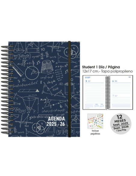 AGENDA ESCOLAR 2025-26 SENFORT CATALAN STUDENT DECORADA ESPIRAL tapa PP con GOMA 120x170 DP MATHS AZUL