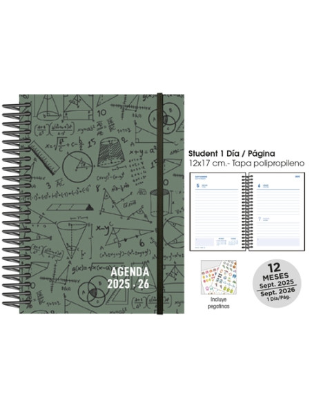 AGENDA ESCOLAR 2025-26 SENFORT CATALAN STUDENT DECORADA ESPIRAL tapa PP con GOMA 120x170 DP MATHS VERDE
