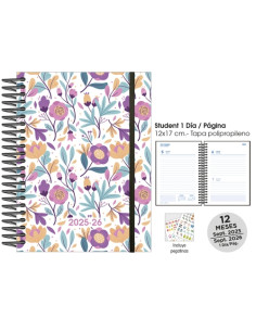 AGENDA ESCOLAR 2025-26 SENFORT CATALAN STUDENT DECORADA ESPIRAL tapa PP con GOMA 120x170 DP PURPLE FLOWERS