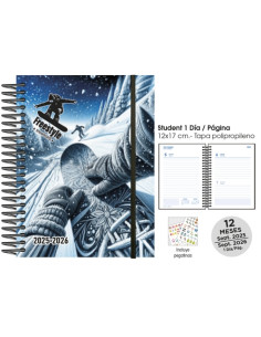 AGENDA ESCOLAR 2025-26 SENFORT CATALAN STUDENT DECORADA ESPIRAL tapa PP con GOMA 120x170 DP RIDERS SNOW