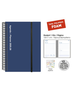 AGENDA ESCOLAR 2025-26 SENFORT CATALAN STUDENT FOAM ESPIRAL tapa PP con GOMA 120x170 DP AZUL