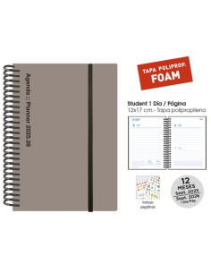 AGENDA ESCOLAR 2025-26 SENFORT CATALAN STUDENT FOAM ESPIRAL tapa PP con GOMA 120x170 DP GRIS