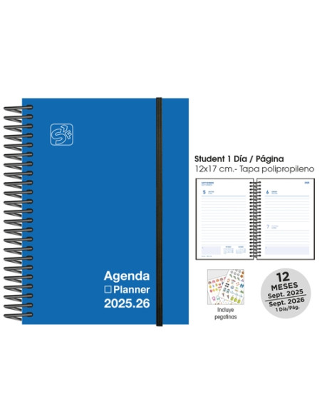 AGENDA ESCOLAR 2025-26 SENFORT CATALAN STUDENT UNICOLOR ESPIRAL tapa PP con GOMA 120x170 DP AZUL
