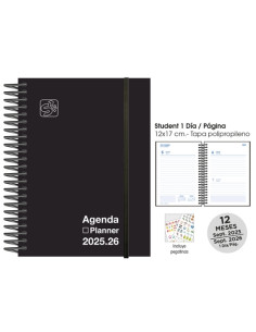 AGENDA ESCOLAR 2025-26 SENFORT CATALAN STUDENT UNICOLOR ESPIRAL tapa PP con GOMA 120x170 DP NEGRO