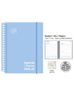 AGENDA ESCOLAR 2025-26 SENFORT CATALAN STUDENT UNICOLOR ESPIRAL tapa PP con GOMA 120x170 DP PASTEL AZUL