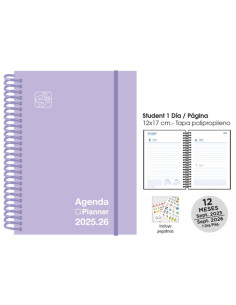 AGENDA ESCOLAR 2025-26 SENFORT CATALAN STUDENT UNICOLOR ESPIRAL tapa PP con GOMA 120x170 DP PASTEL LILA