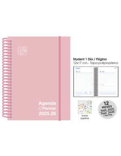 AGENDA ESCOLAR 2025-26 SENFORT CATALAN STUDENT UNICOLOR ESPIRAL tapa PP con GOMA 120x170 DP PASTEL ROSA