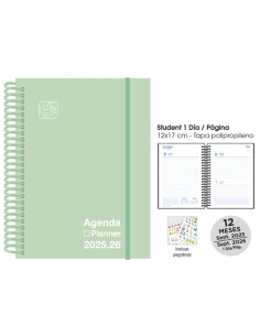 AGENDA ESCOLAR 2025-26 SENFORT CATALAN STUDENT UNICOLOR ESPIRAL tapa PP con GOMA 120x170 DP PASTEL VERDE