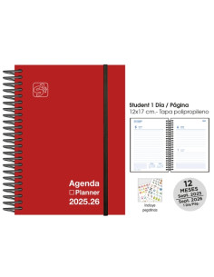 AGENDA ESCOLAR 2025-26 SENFORT CATALAN STUDENT UNICOLOR ESPIRAL tapa PP con GOMA 120x170 DP ROJO