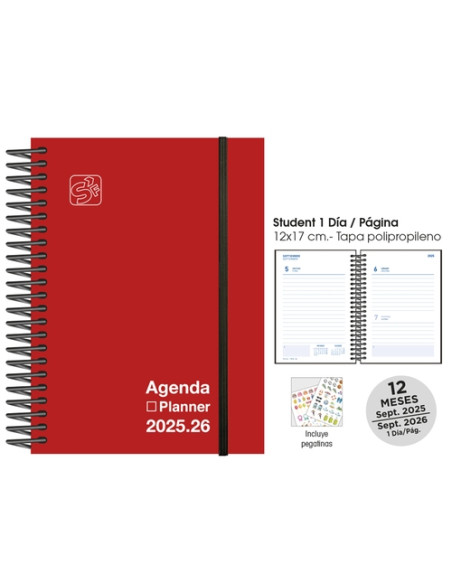 AGENDA ESCOLAR 2025-26 SENFORT CATALAN STUDENT UNICOLOR ESPIRAL tapa PP con GOMA 120x170 DP ROJO