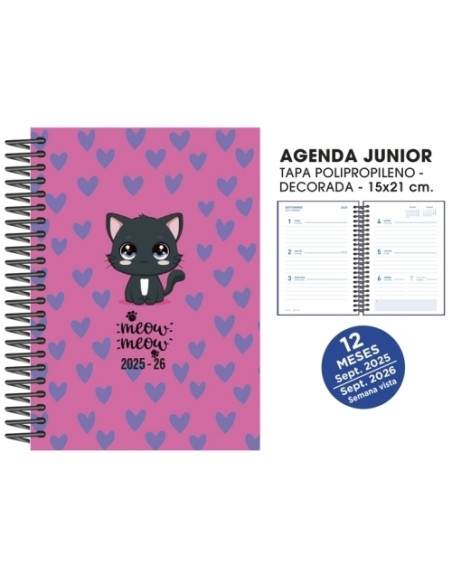 AGENDA ESCOLAR 2025-26 SENFORT JUNIOR DECORADA ESPIRAL tapa PVC 150x210 SV CATS ROSA