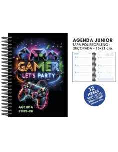 AGENDA ESCOLAR 2025-26 SENFORT JUNIOR DECORADA ESPIRAL tapa PVC 150x210 SV GAMER PARTY