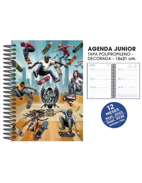 AGENDA ESCOLAR 2025-26 SENFORT JUNIOR DECORADA ESPIRAL tapa PVC 150x210 SV SKATE PARK