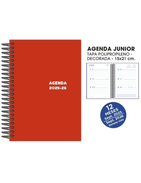 AGENDA ESCOLAR 2025-26 SENFORT JUNIOR ESPIRAL tapa PVC 150x210 SV ROJO