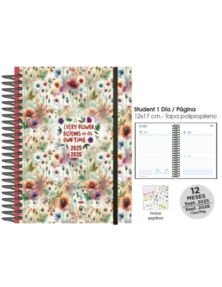 AGENDA ESCOLAR 2025-26 SENFORT STUDENT DECORADA ESPIRAL tapa PP con GOMA 120x170 DP BLOSSOM