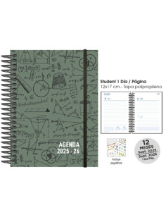 AGENDA ESCOLAR 2025-26 SENFORT STUDENT DECORADA ESPIRAL tapa PP con GOMA 120x170 DP MATHS VERDE