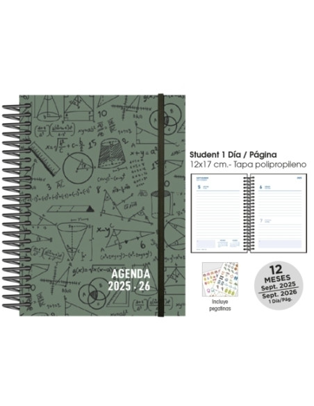 AGENDA ESCOLAR 2025-26 SENFORT STUDENT DECORADA ESPIRAL tapa PP con GOMA 120x170 DP MATHS VERDE