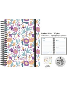 AGENDA ESCOLAR 2025-26 SENFORT STUDENT DECORADA ESPIRAL tapa PP con GOMA 120x170 DP PURPLE FLOWERS