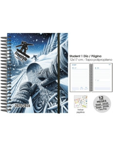 AGENDA ESCOLAR 2025-26 SENFORT STUDENT DECORADA ESPIRAL tapa PP con GOMA 120x170 DP RIDERS SNOW