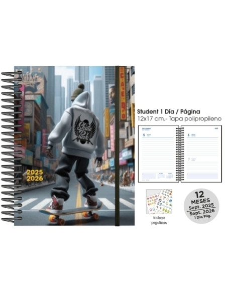 AGENDA ESCOLAR 2025-26 SENFORT STUDENT DECORADA ESPIRAL tapa PP con GOMA 120x170 DP SKATEBOARD CITY