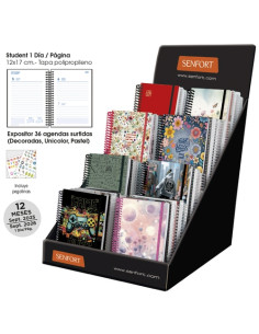 AGENDA ESCOLAR 2025-26 SENFORT STUDENT DECORADALISA ESPIRAL tapa PP con GOMA 120x170 DP SURTIDO EXPOSITOR DE 36