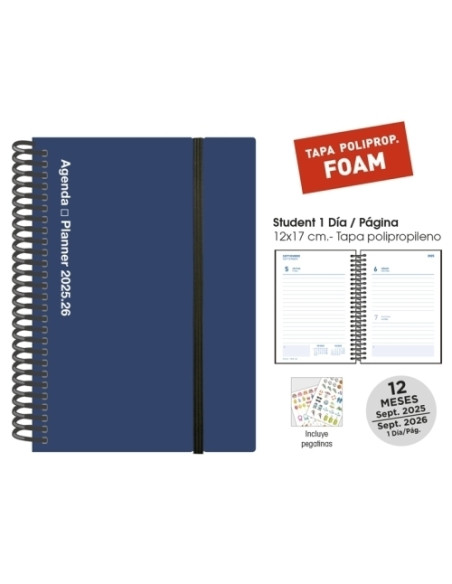AGENDA ESCOLAR 2025-26 SENFORT STUDENT FOAM ESPIRAL tapa PP con GOMA 120x170 DP AZUL