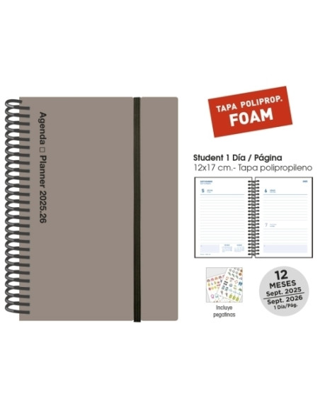 AGENDA ESCOLAR 2025-26 SENFORT STUDENT FOAM ESPIRAL tapa PP con GOMA 120x170 DP GRIS