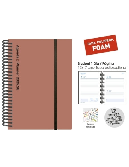 AGENDA ESCOLAR 2025-26 SENFORT STUDENT FOAM ESPIRAL tapa PP con GOMA 120x170 DP TERRACOTA