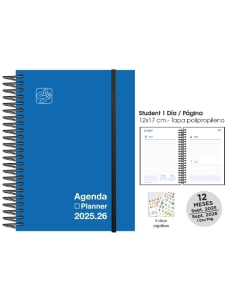 AGENDA ESCOLAR 2025-26 SENFORT STUDENT UNICOLOR ESPIRAL tapa PP con GOMA 120x170 DP AZUL