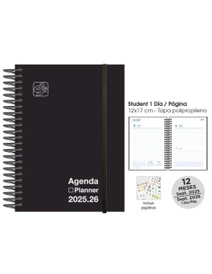 AGENDA ESCOLAR 2025-26 SENFORT STUDENT UNICOLOR ESPIRAL tapa PP con GOMA 120x170 DP NEGRO