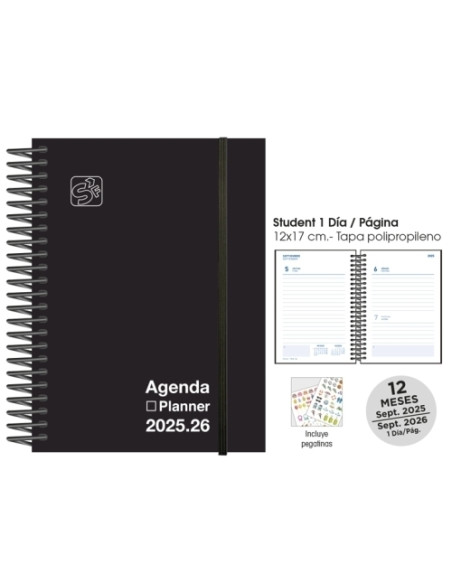 AGENDA ESCOLAR 2025-26 SENFORT STUDENT UNICOLOR ESPIRAL tapa PP con GOMA 120x170 DP NEGRO