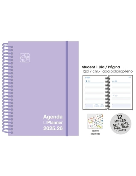 AGENDA ESCOLAR 2025-26 SENFORT STUDENT UNICOLOR ESPIRAL tapa PP con GOMA 120x170 DP PASTEL LILA