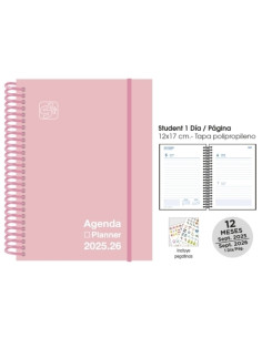 AGENDA ESCOLAR 2025-26 SENFORT STUDENT UNICOLOR ESPIRAL tapa PP con GOMA 120x170 DP PASTEL ROSA