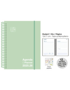 AGENDA ESCOLAR 2025-26 SENFORT STUDENT UNICOLOR ESPIRAL tapa PP con GOMA 120x170 DP PASTEL VERDE