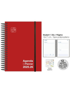 AGENDA ESCOLAR 2025-26 SENFORT STUDENT UNICOLOR ESPIRAL tapa PP con GOMA 120x170 DP ROJO