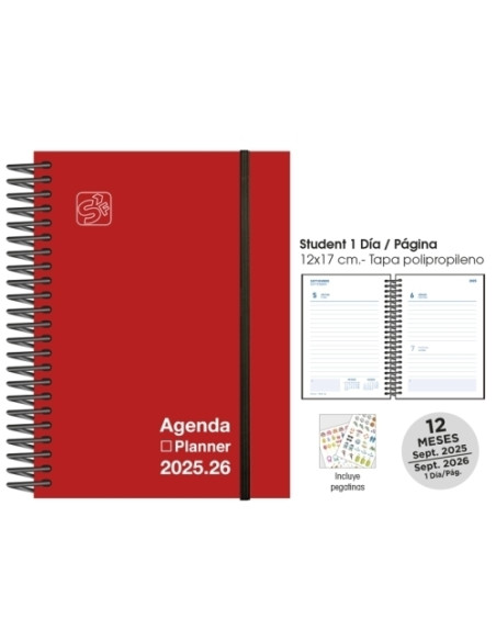 AGENDA ESCOLAR 2025-26 SENFORT STUDENT UNICOLOR ESPIRAL tapa PP con GOMA 120x170 DP ROJO