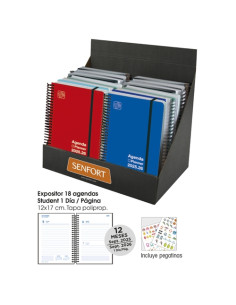 AGENDA ESCOLAR 2025-26 SENFORT STUDENT UNICOLOR ESPIRAL tapa PP con GOMA 120x170 DP SURTIDO EXPOSITOR DE 18
