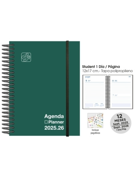 AGENDA ESCOLAR 2025-26 SENFORT STUDENT UNICOLOR ESPIRAL tapa PP con GOMA 120x170 DP VERDE