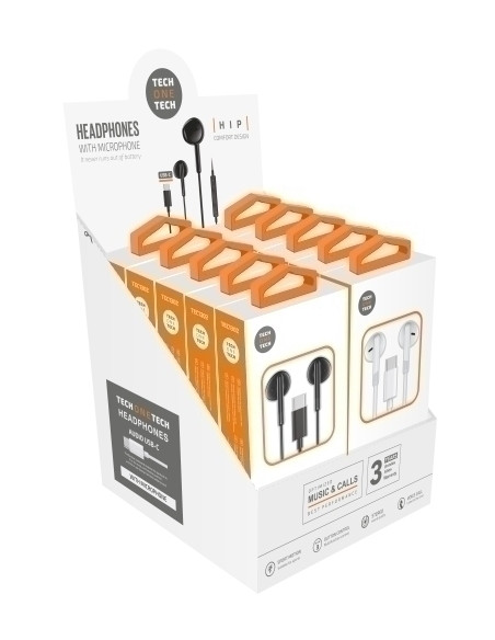 AURICULARES TECH-ONE-TECH EARTECH DE BOTON CON CONECTOR USB-C MICROFONO INTEGRADO SURTIDO EXPOSITOR DE 10 5x negro  5x blanco