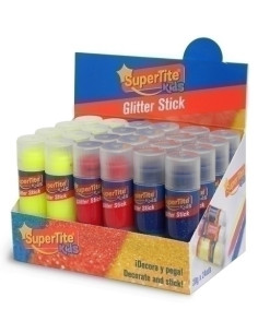 BARRA de PEGAMENTO SUPERTITE GLITTER 20g 3 COLORES SURTIDOS EXPOSITOR DE 24