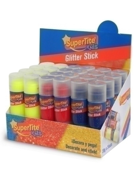 BARRA de PEGAMENTO SUPERTITE GLITTER 20g 3 COLORES SURTIDOS EXPOSITOR DE 24