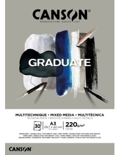 BLOC DE DIBUJO CANSON GRADUATE MIX MEDIA ENCOLADO GRIS DOBLE CARA A3 220g 30h