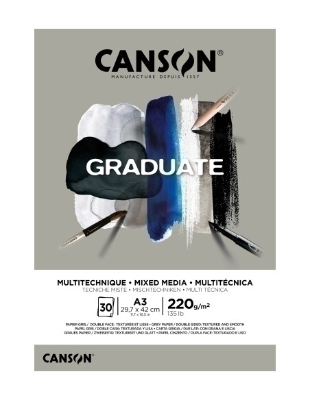 BLOC DE DIBUJO CANSON GRADUATE MIX MEDIA ENCOLADO GRIS DOBLE CARA A3 220g 30h