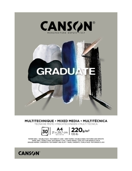 BLOC DE DIBUJO CANSON GRADUATE MIX MEDIA ENCOLADO GRIS DOBLE CARA A4 220g 30h