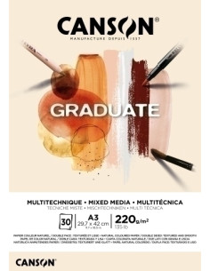 BLOC DE DIBUJO CANSON GRADUATE MIX MEDIA ENCOLADO NATURAL DOBLE CARA A3 220g 30h