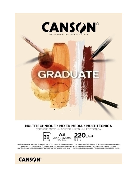 BLOC DE DIBUJO CANSON GRADUATE MIX MEDIA ENCOLADO NATURAL DOBLE CARA A3 220g 30h
