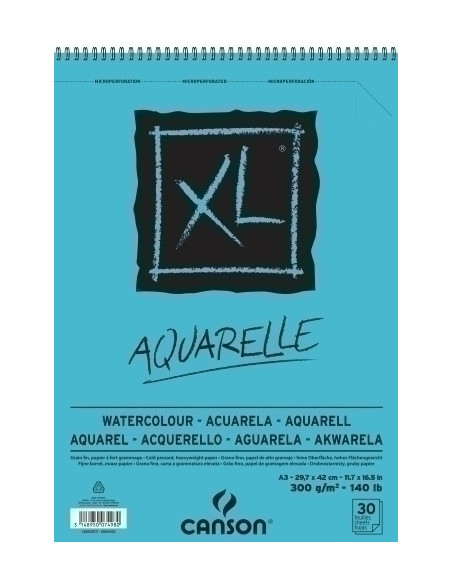 BLOC DE DIBUJO CANSON XL AQUARELLE CON ESPIRAL GRANO FINO A3 300g 30h