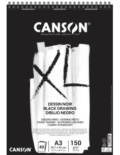 BLOC DE DIBUJO CANSON XL BLACK DRAWING CON ESPIRAL DOBLE GRANO FINO Y GRUESO A3 150g 40h