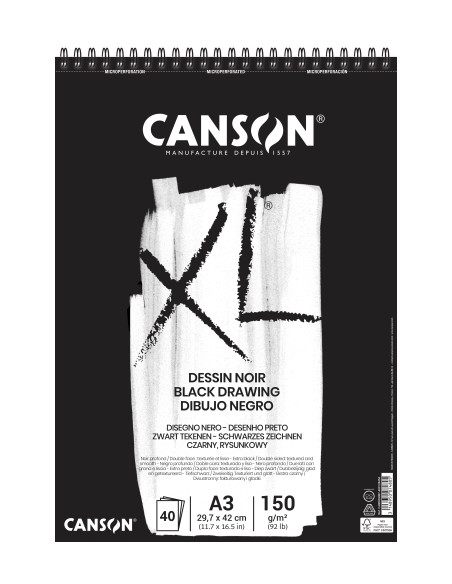 BLOC DE DIBUJO CANSON XL BLACK DRAWING CON ESPIRAL DOBLE GRANO FINO Y GRUESO A3 150g 40h
