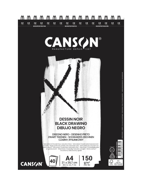 BLOC DE DIBUJO CANSON XL BLACK DRAWING CON ESPIRAL DOBLE GRANO FINO Y GRUESO A4 150g 40h